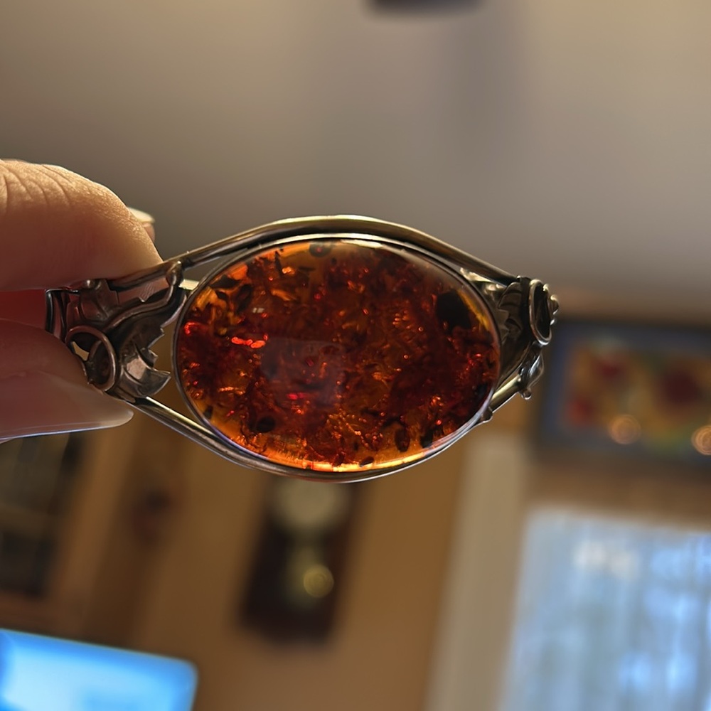 Women’s Beautiful Vintage LargeOval Baltic Orange Amber Cabochan Set SS Bracelet - Picture 9 of 9